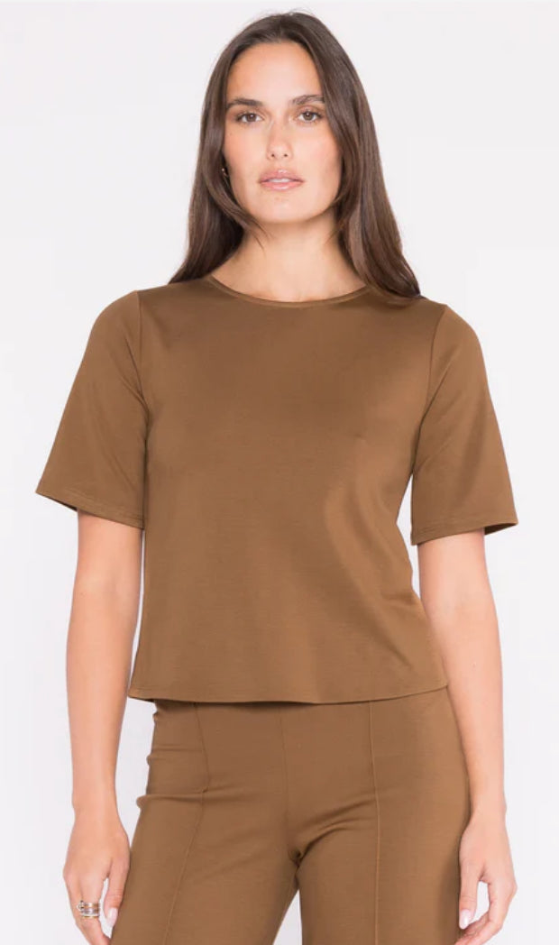 Ripley Rader- Camel Ponte Knit short sleeve top extended