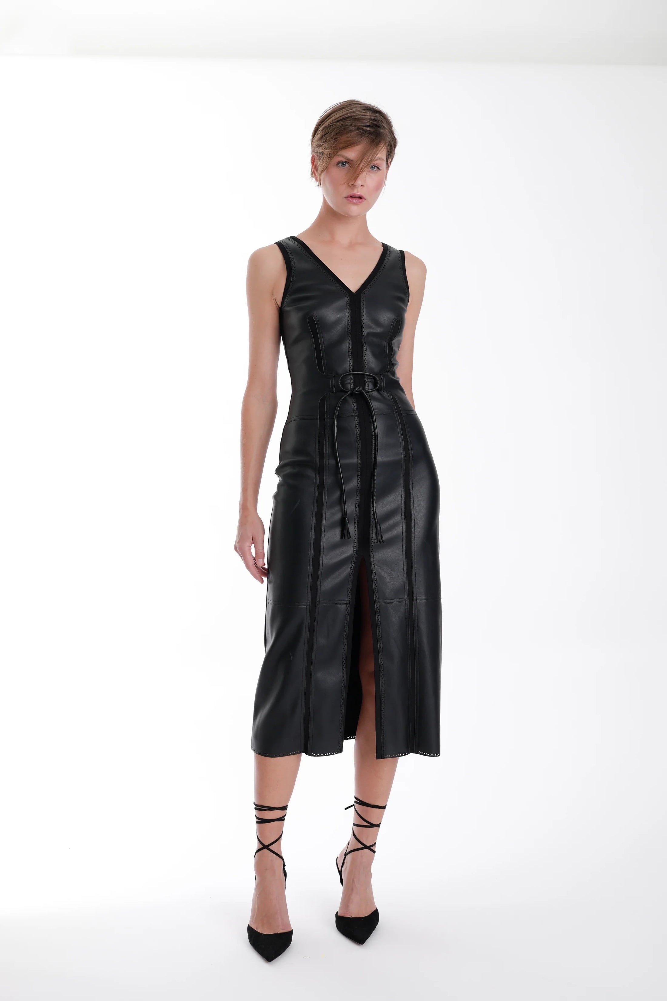 Karina Grimaldi - Black Mona Vegan Leather Midi Dress