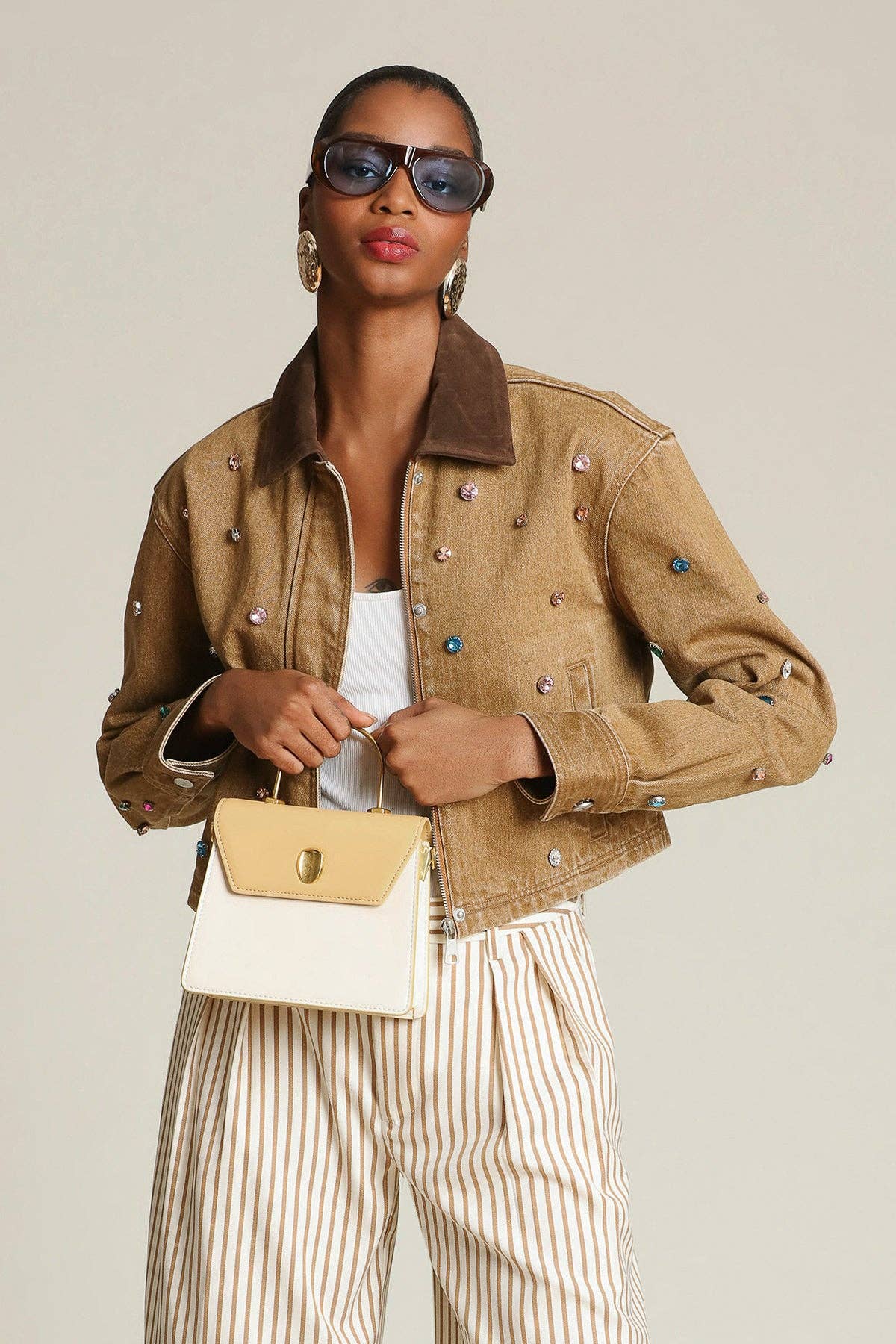 Avec Les Filles-Camel Bejeweled Cotton Jacket