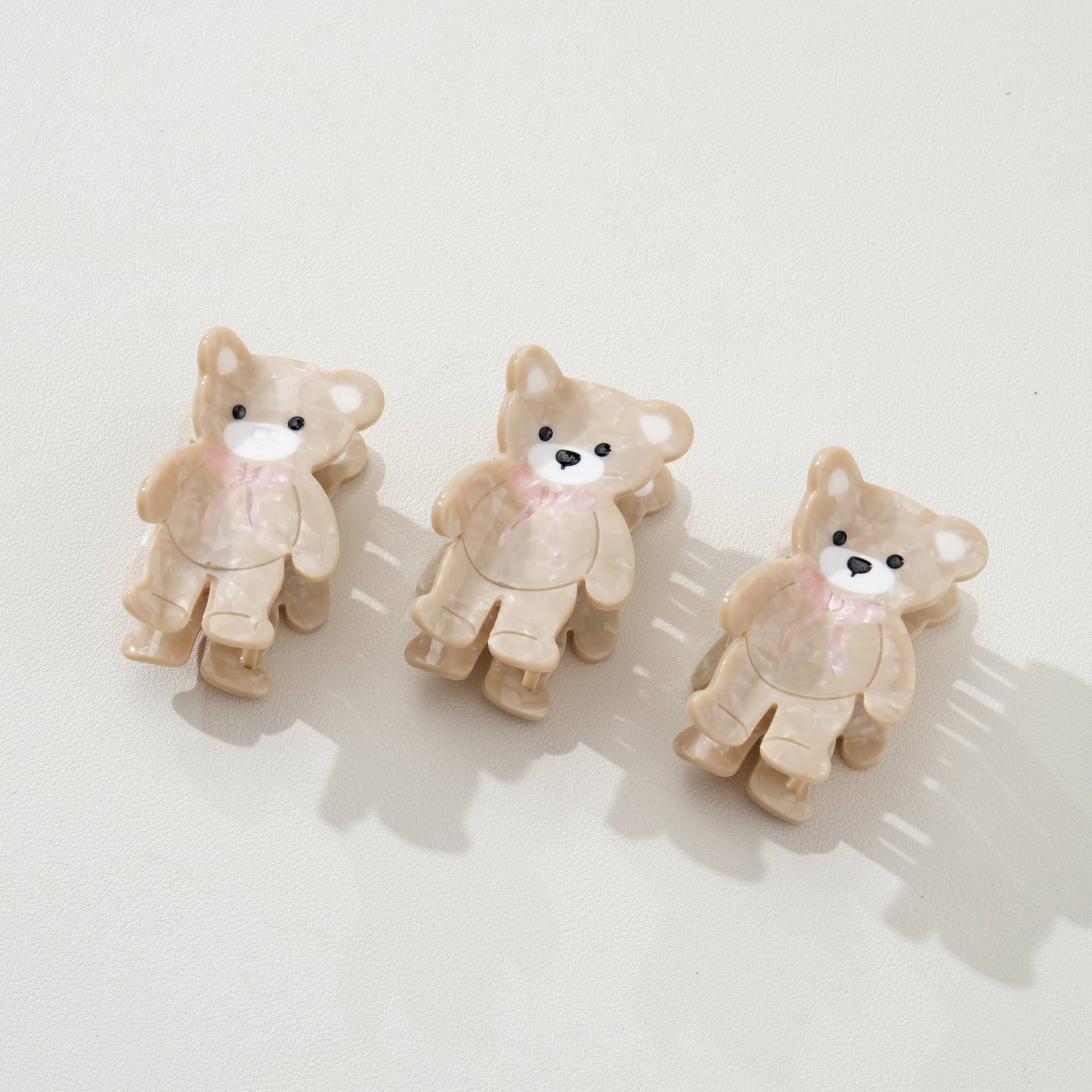 Hair- Petite Pink Bow Beige Teddy Bear Claw Clip - Small