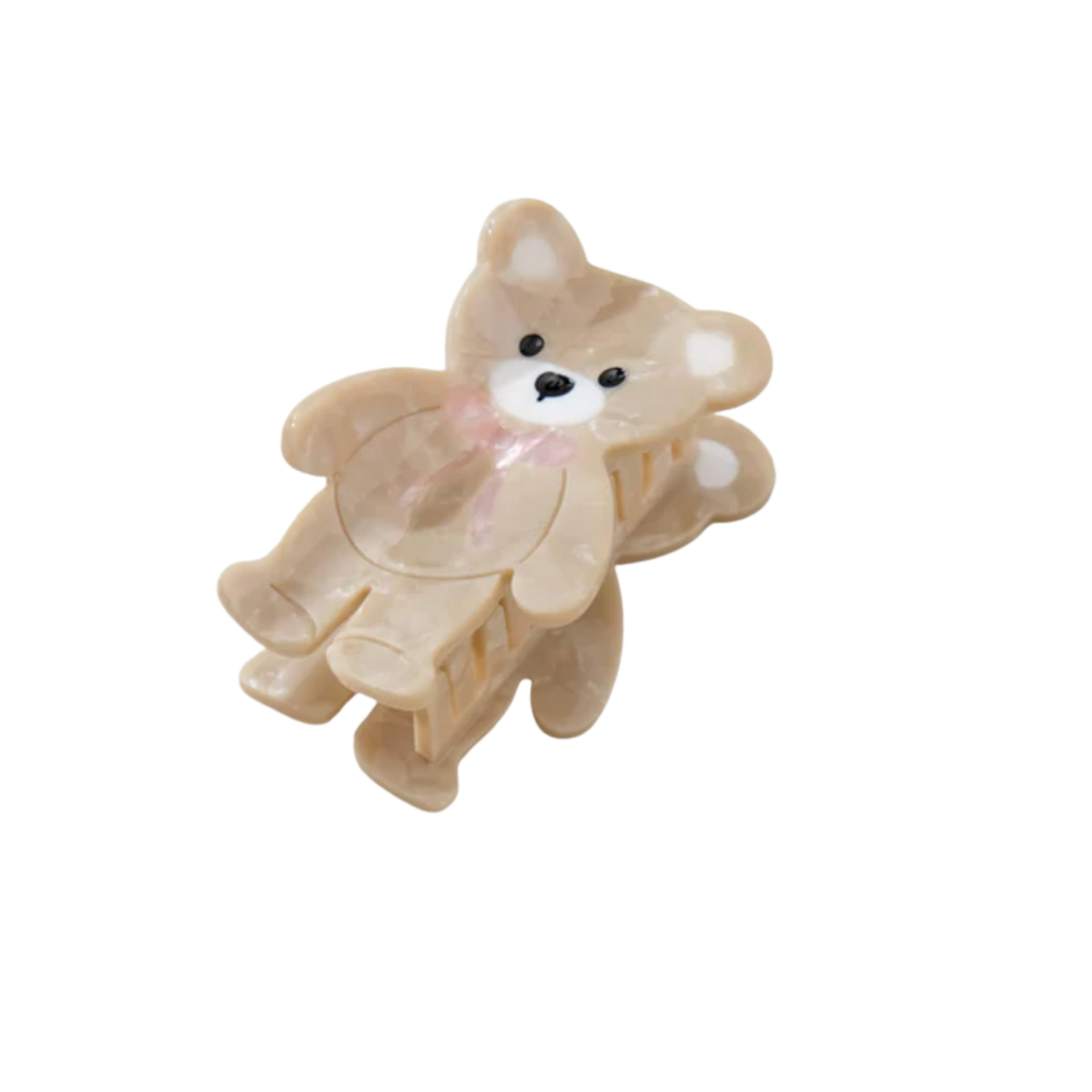 Hair- Petite Pink Bow Beige Teddy Bear Claw Clip - Small