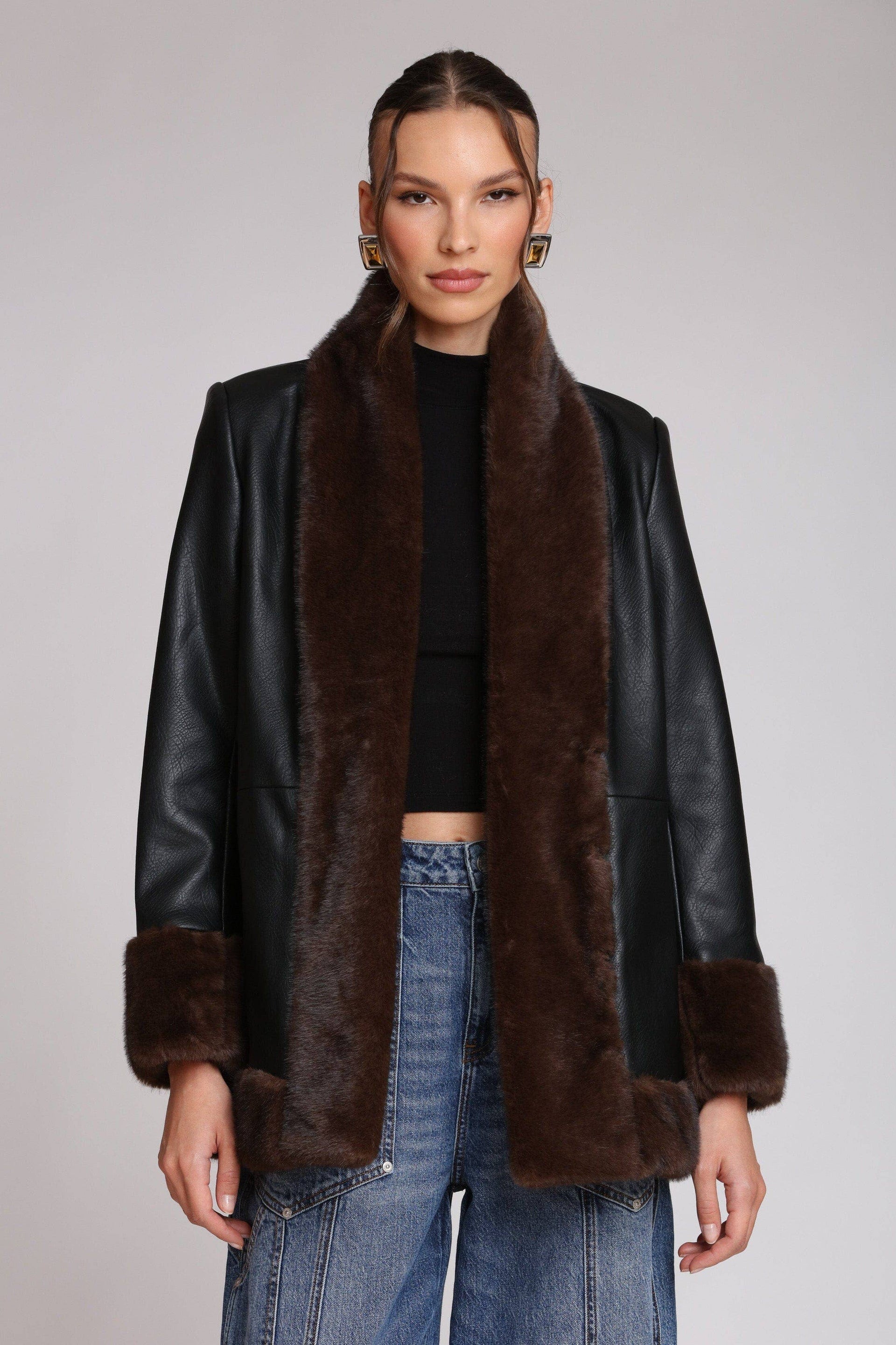 Avec Les Filles-Faux Fur Trimmed Faux Leather Jacket