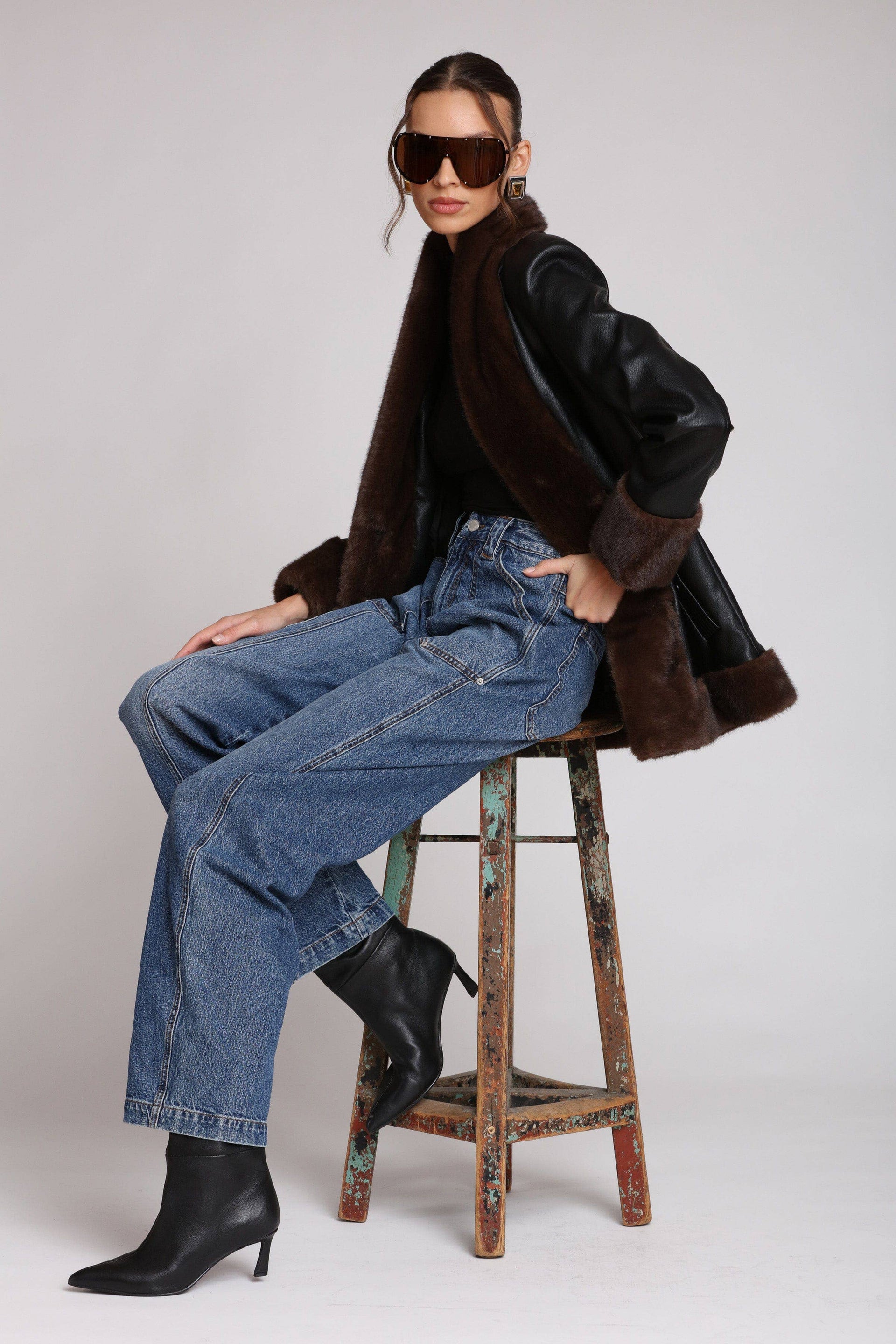 Avec Les Filles-Faux Fur Trimmed Faux Leather Jacket