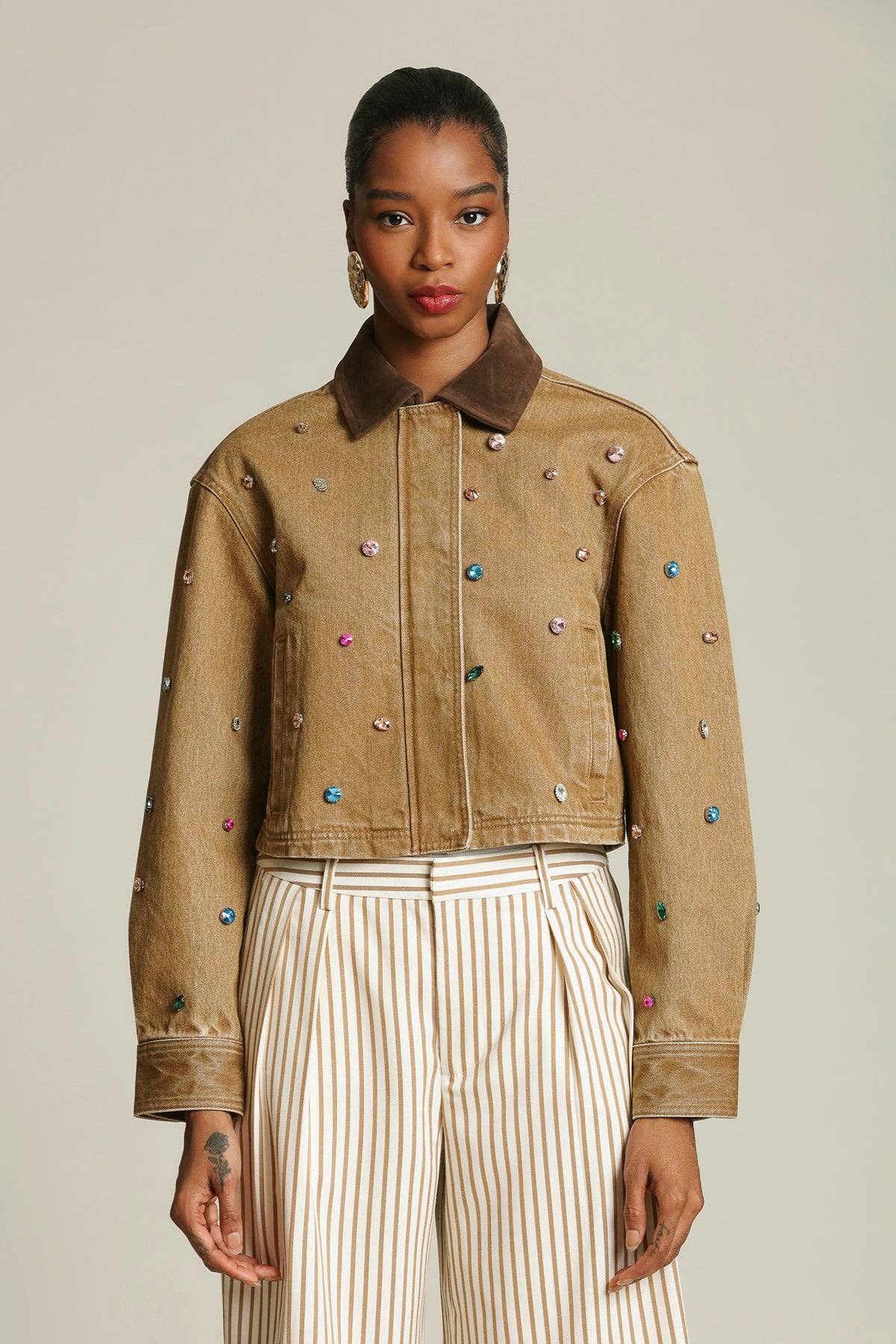 Avec Les Filles-Camel Bejeweled Cotton Jacket