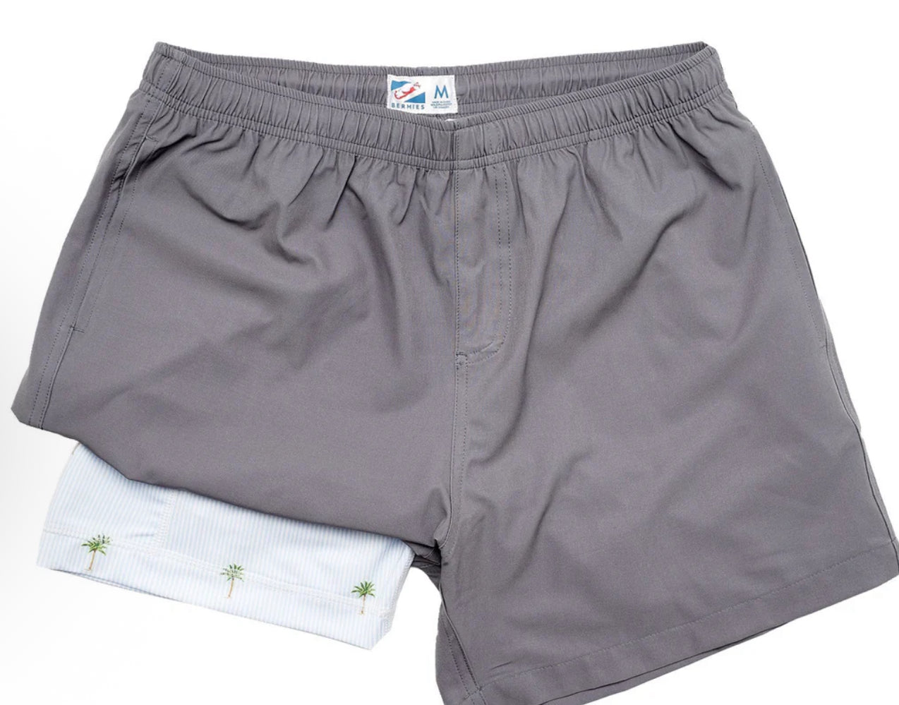 Bermies -  Grey (Palm Stripes liner) Swim Trunks