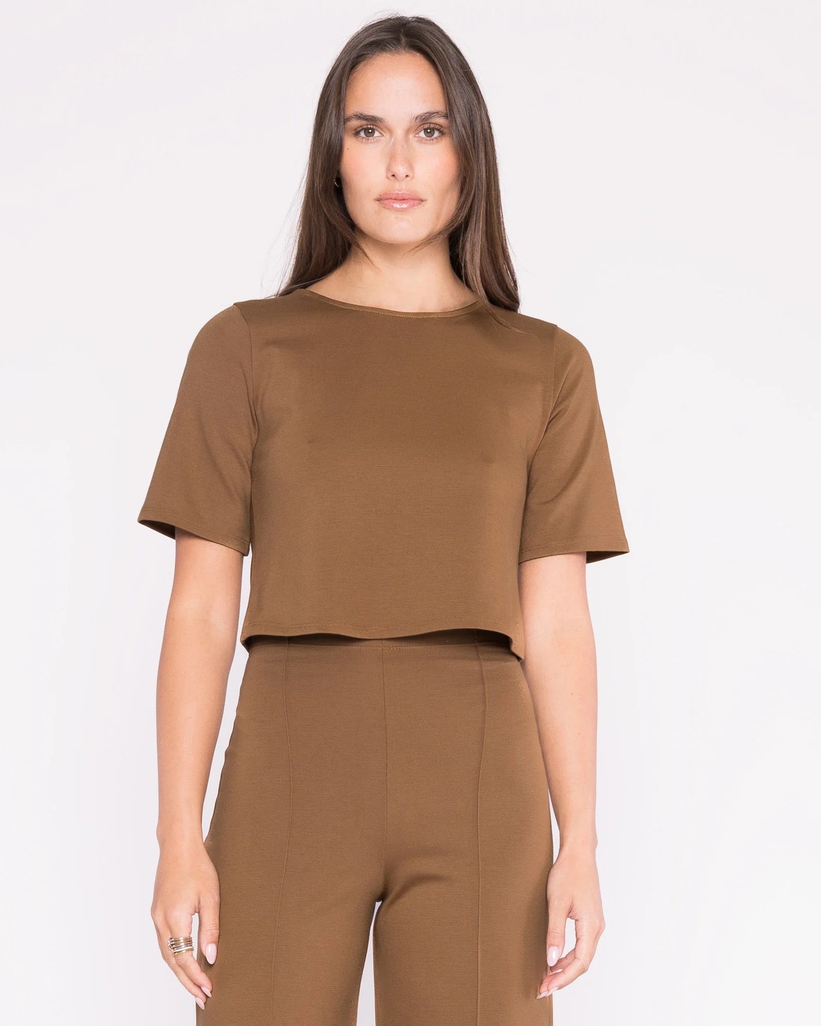 Ripley Rader - CAMEL Ponte Knit Short Sleeve Top
