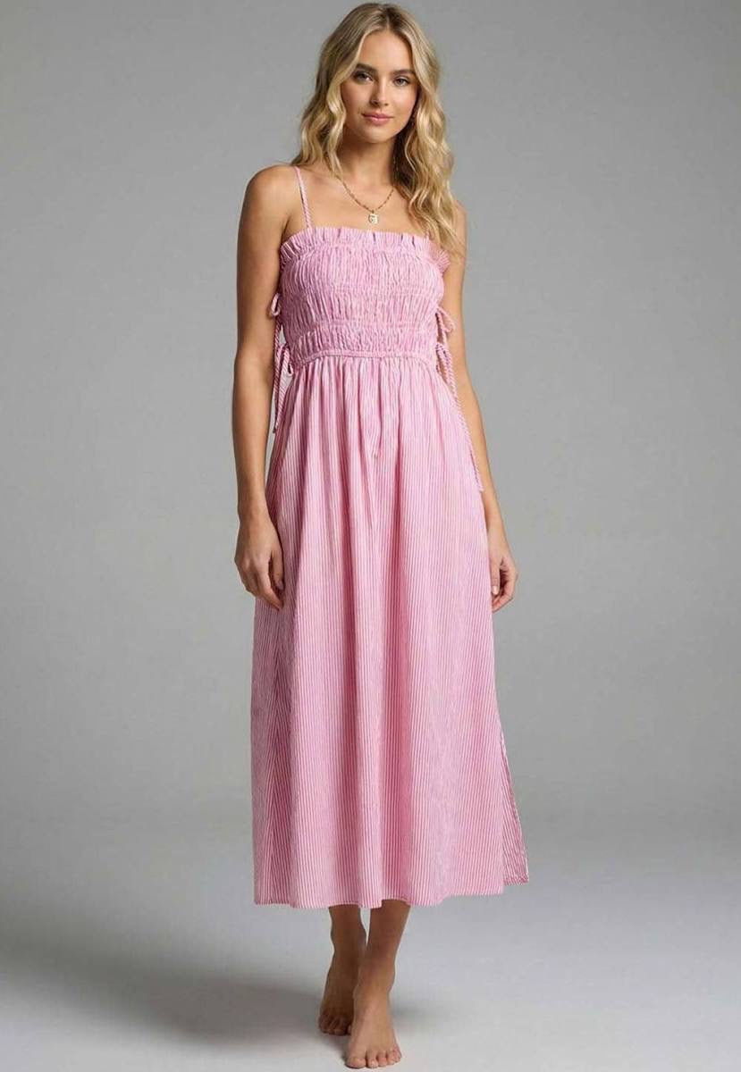 Meet Me In Santorini - Coral Stripe Midi Dress