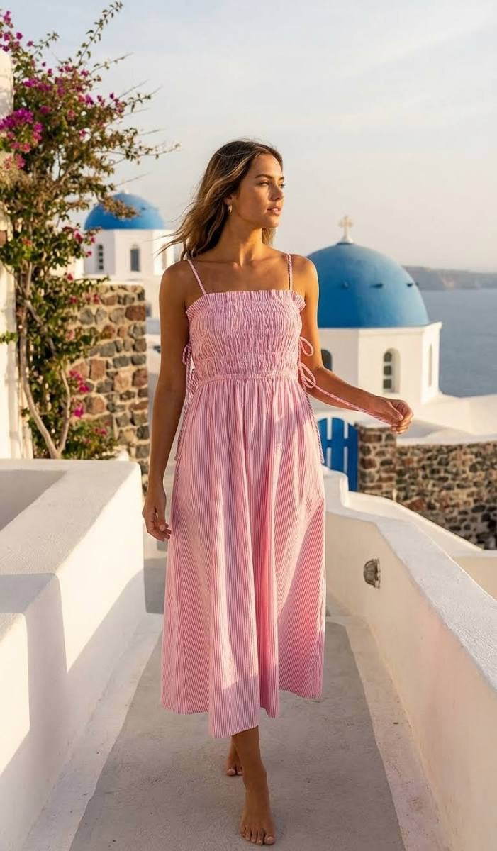 Meet Me In Santorini - Coral Stripe Midi Dress