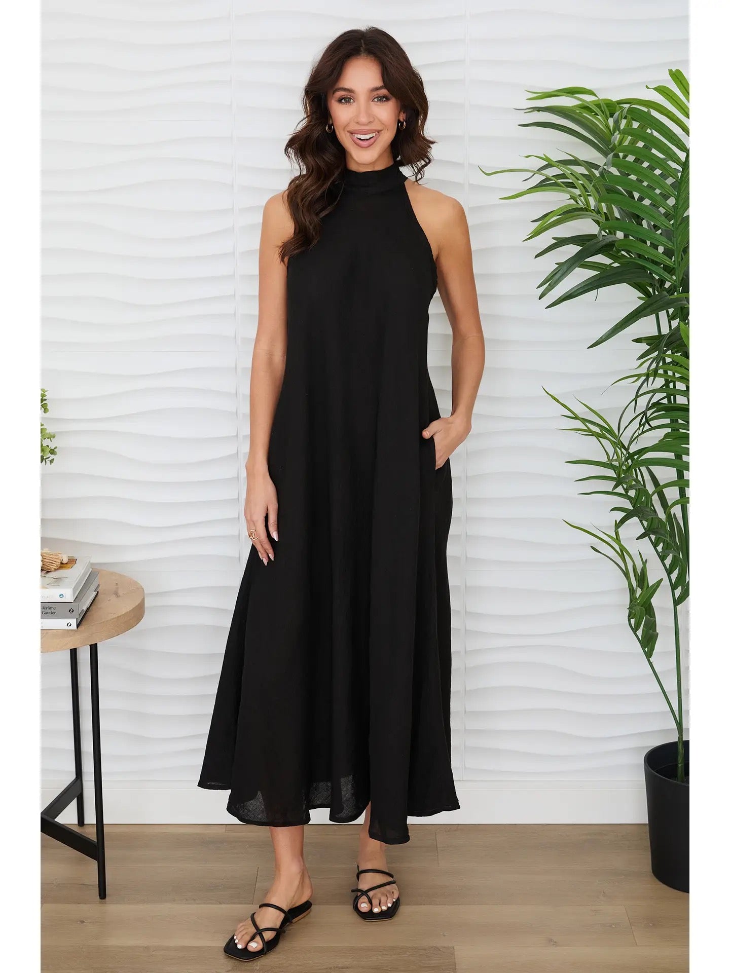 Milio Milano - Solid Linen Mock Neck Maxi Dress Milio Milano - Solid Linen Mock Neck Maxi Dress
