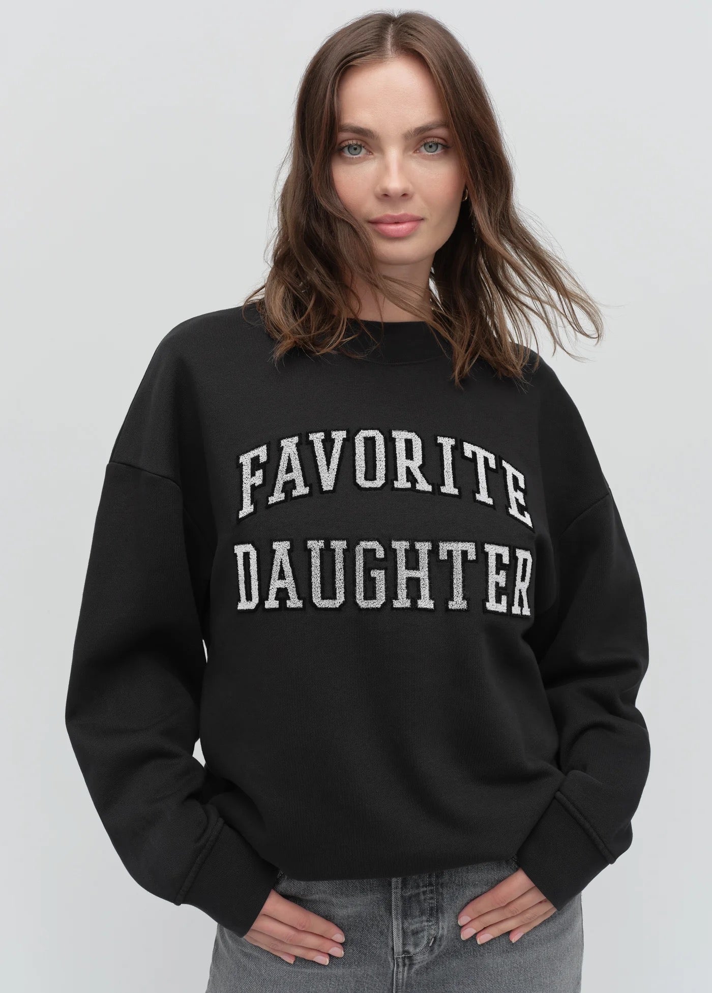 Favorite Daughter - Black/Velvet White Collegiate Embroidery Sweatshirt