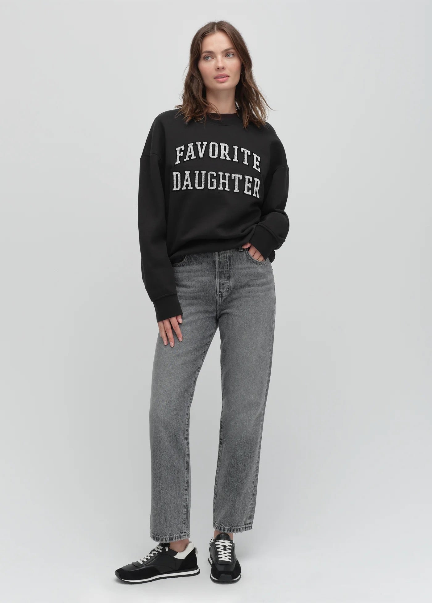 Favorite Daughter - Black/Velvet White Collegiate Embroidery Sweatshirt