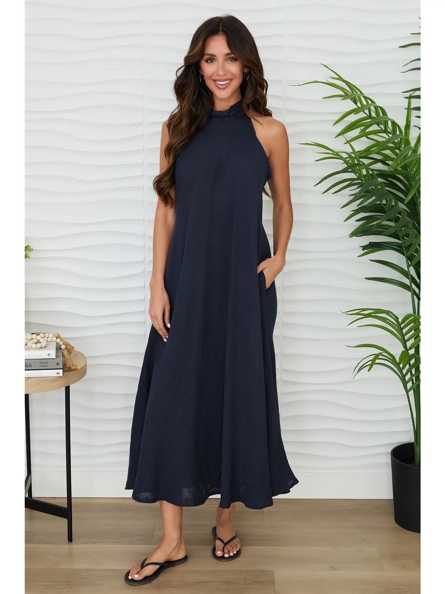 Milio Milano - Solid Linen Mock Neck Maxi Dress