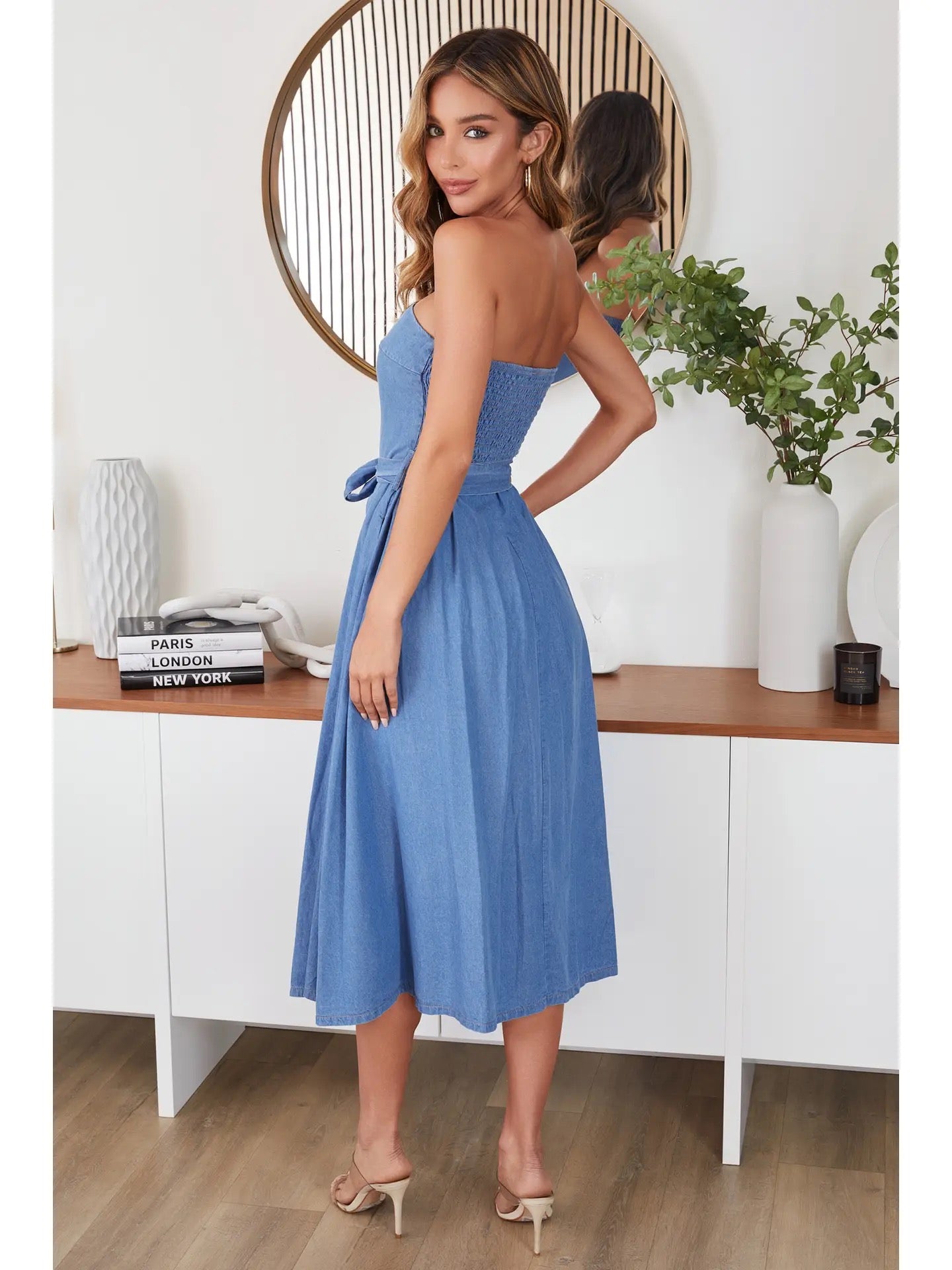 Milio Milano - Strapless Smock Back Dress w/ Tie Belt - Denim