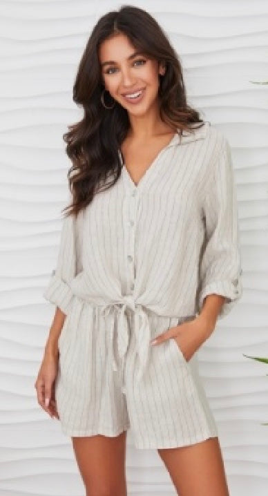 Milio Milano - Pinstripe Linen Cropped Tie Front Blouse