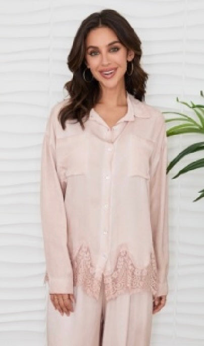 Milio Milano - Lace Hem Long Sleeve Button Down Top