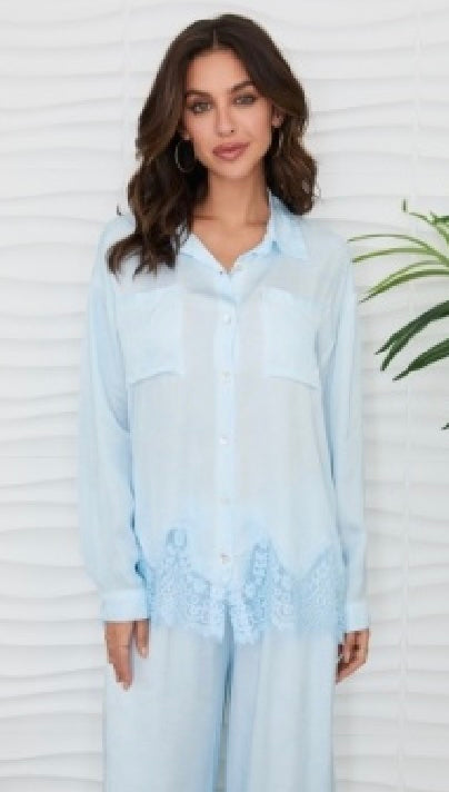 Milio Milano - Lace Hem Long Sleeve Button Down Top