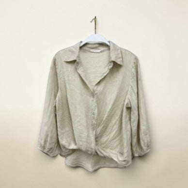 Milio Milano - Linen Long Sleeve Front Twist Hem Henley Top