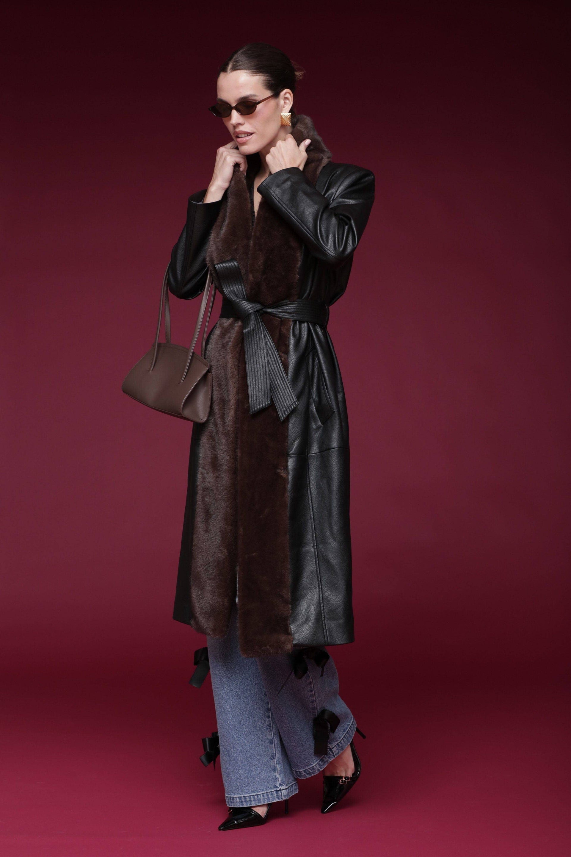 Avec Les Filles-Faux Fur Trimmed Faux Leather Wrap Coat