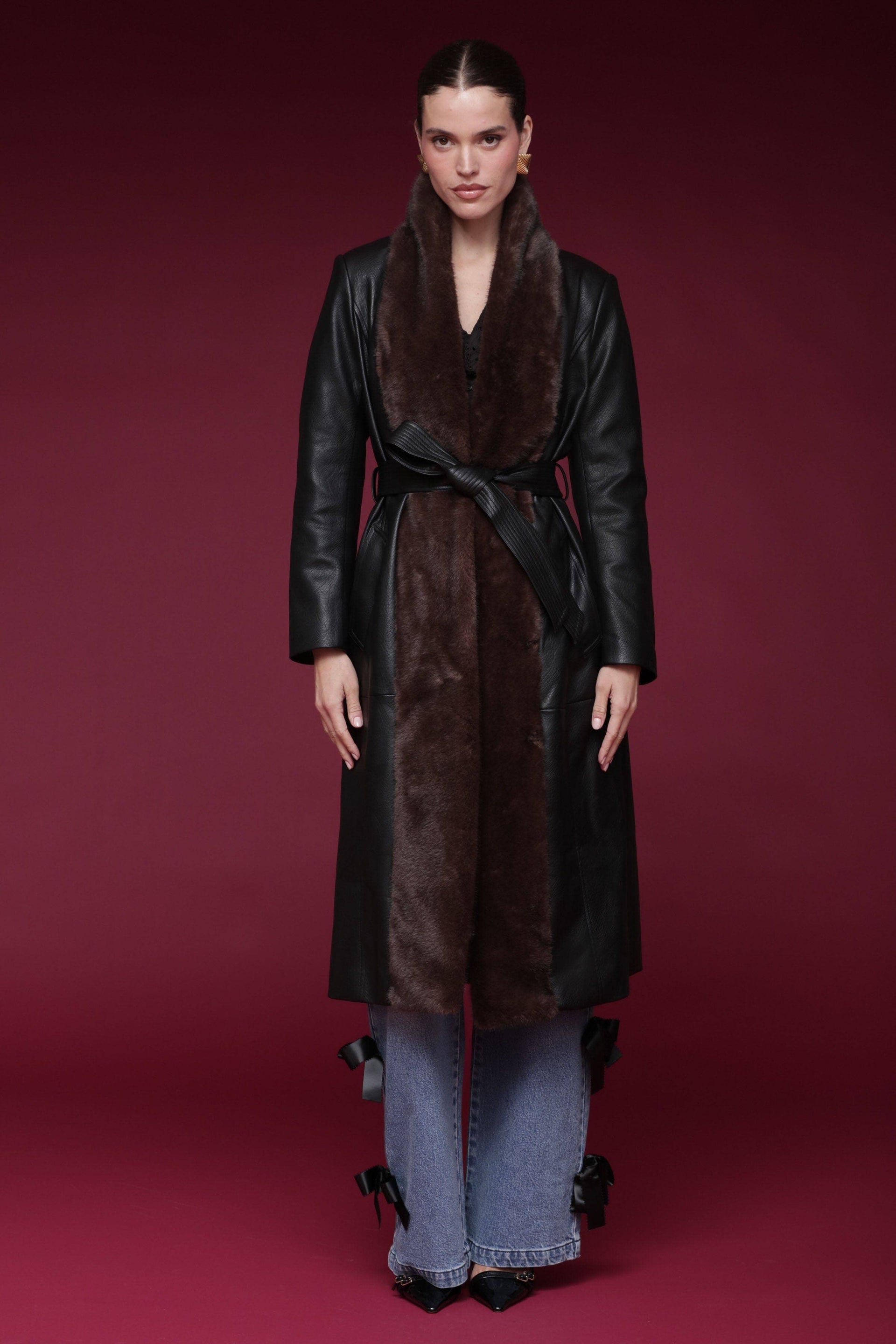 Avec Les Filles-Faux Fur Trimmed Faux Leather Wrap Coat