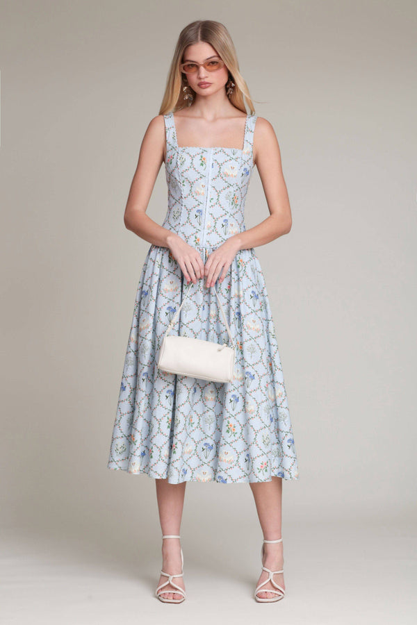 Avec Les Filles - Floral Lattice Linen Blend Midi Dress