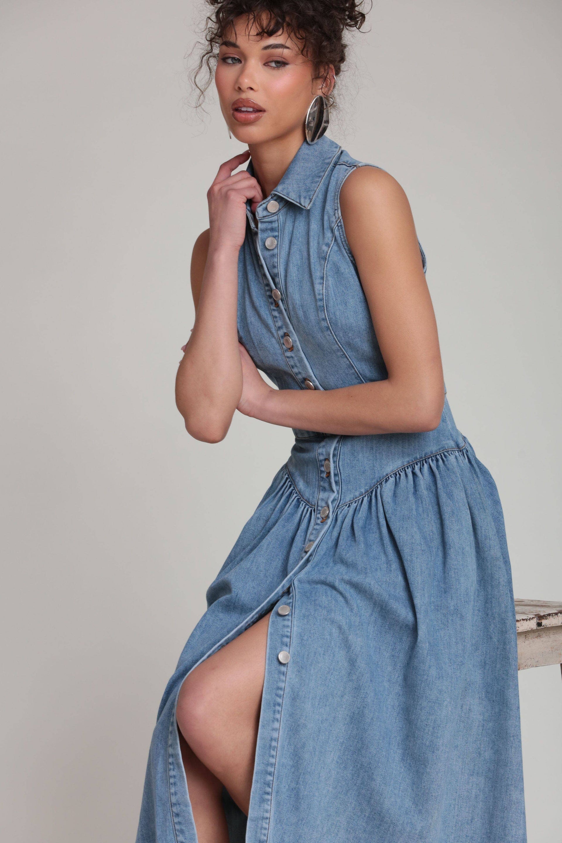Avec Les Filles - Denim Drop Waist Shirtdress
