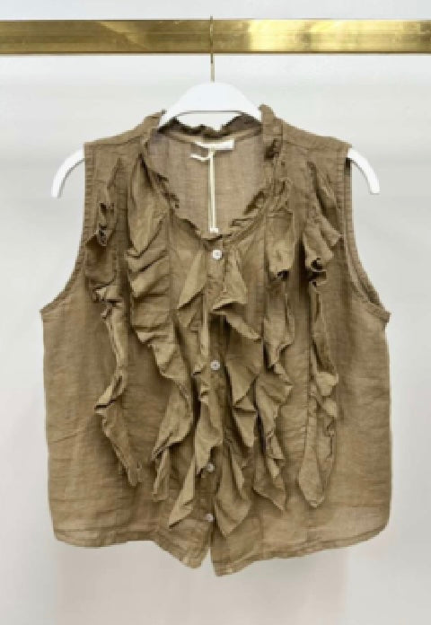 Milio Milano - Button Down Ruffle Sleeveless Linen Top