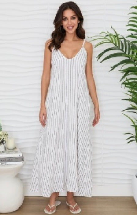 Milio Milano - Textured Stripe Spaghetti Adjustable Strap Maxi Dress w/ Pockets