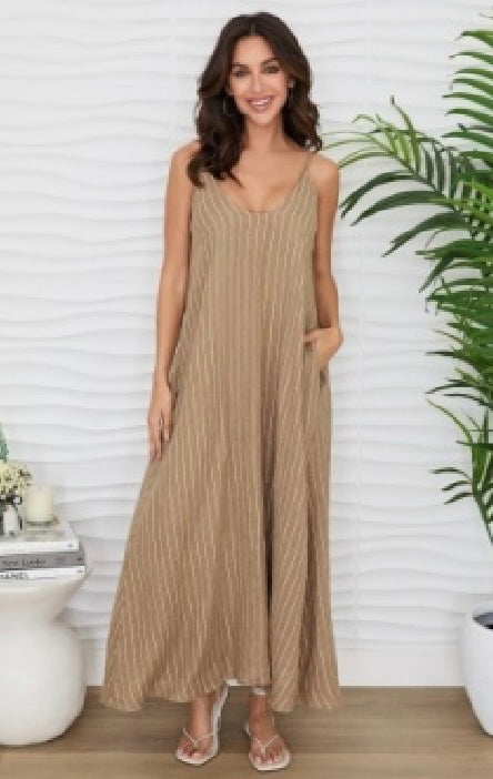 Milio Milano - Textured Stripe Spaghetti Adjustable Strap Maxi Dress w/ Pockets