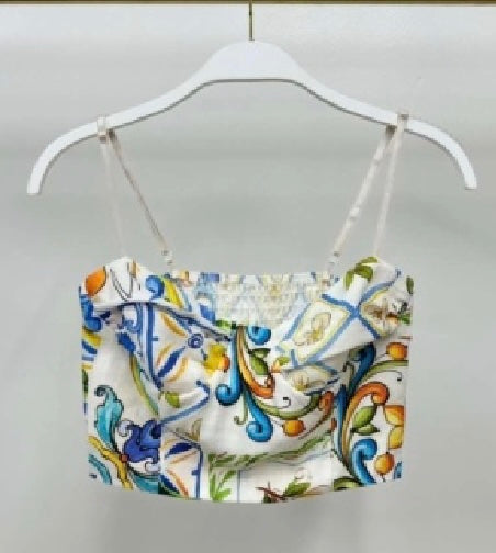 Milio Milano - The Floral Tile Print Spaghetti Strap Elastic Back Tube Top