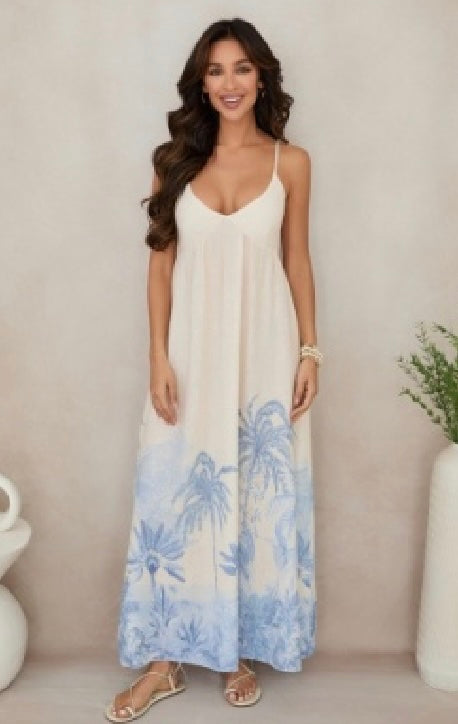 Milio Milano - Tropical Palm Tree V-Neck Smocked Maxi Dress
