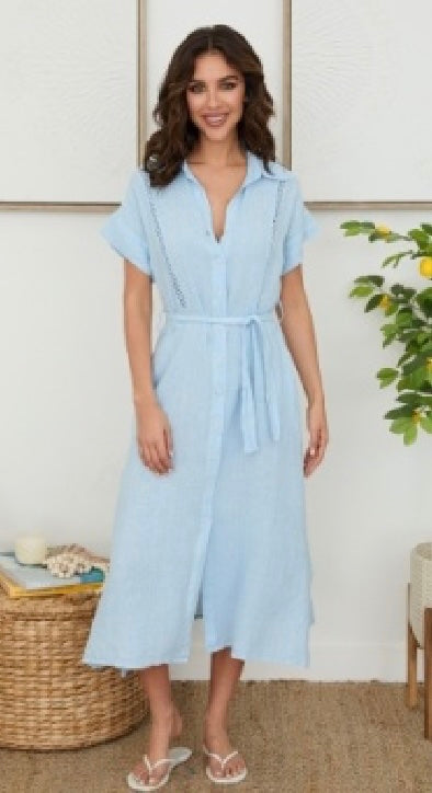 Milio Milano - Linen Button-Up Open Stitch Detail Shirt Dress With Belt